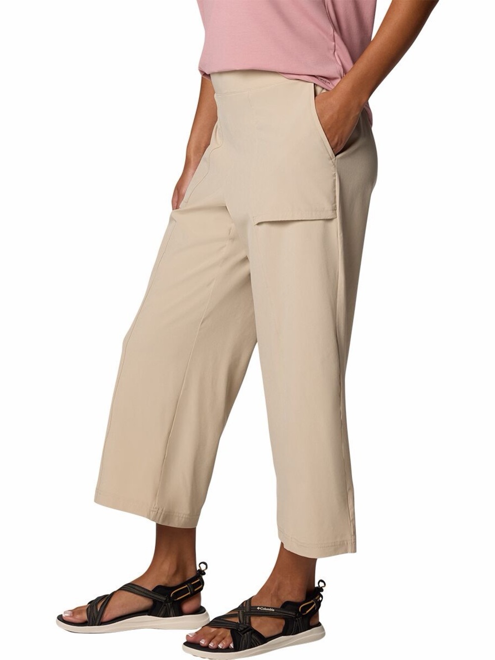 Wide-Leg Crop Pants in Beige - Women's Comfortable Pull-On Trousers COLUMBIA